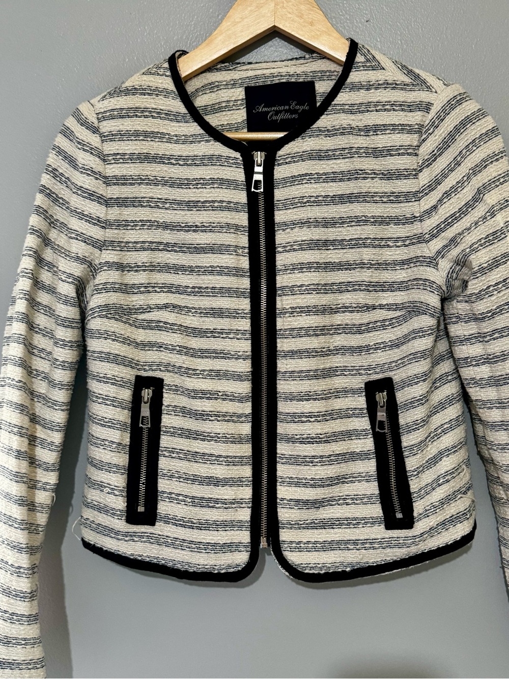 American Eagle Tweed Preppy Black and White Striped Zip-Front Blazer Jacket - Picture 3 of 5
